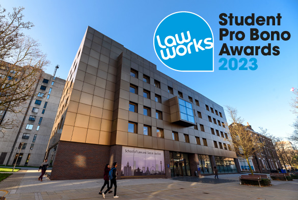 School of Law and Social Justice building exterior with Pro Bono Awards 2023 logo.