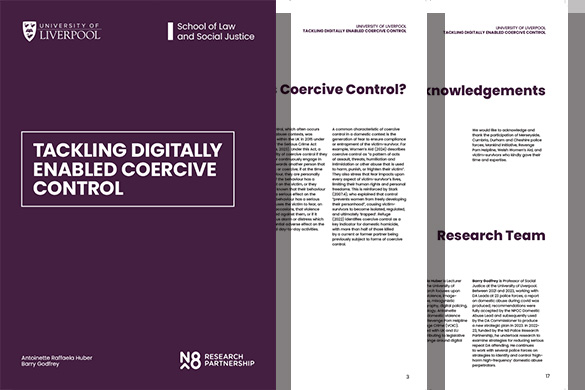Tackling Digitally Enabled Coercive Control research report. Front page (white text on burgundy) laid over a couple of pages from the report