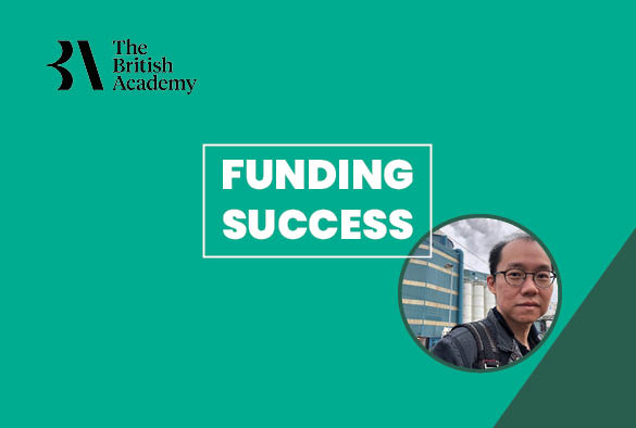 A teal green background with white text that reads 'Funding Success' with a photo of Terence Heng in a circle on the right
