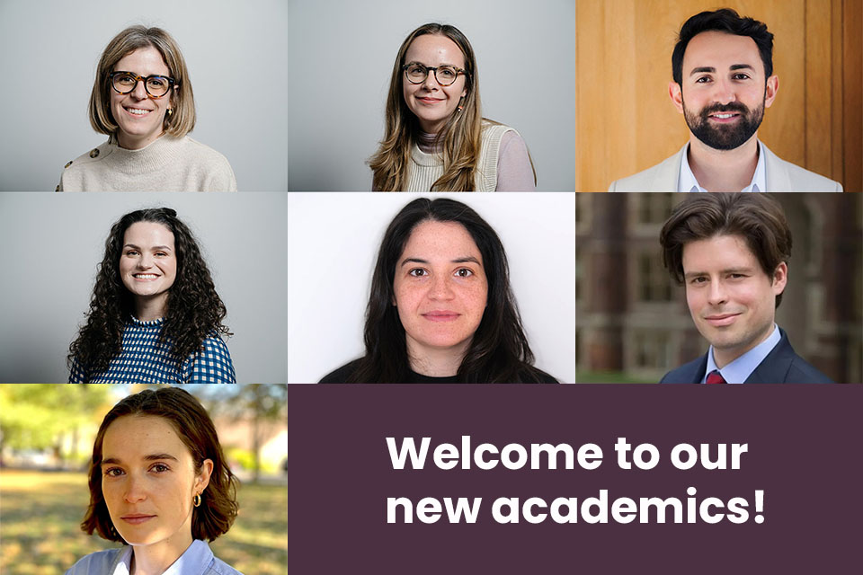 A grid of profile pictures featuring headshots of seven academics. White text on a burgundy background reads: \'Welcome to our new academics\'
