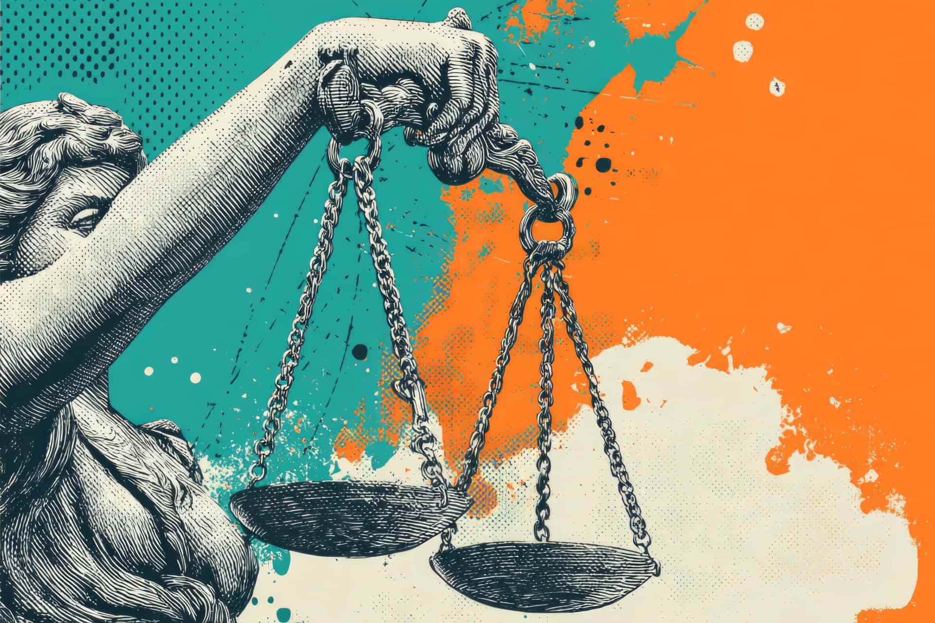 Illustration of a classical statue holding balanced scales against a vibrant teal and orange abstract background.