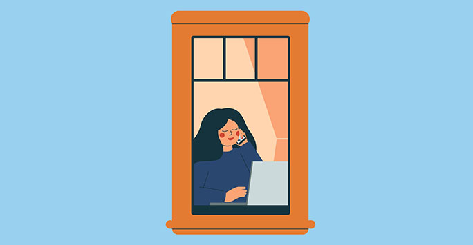 Illustration of woman on laptop looking out of the window