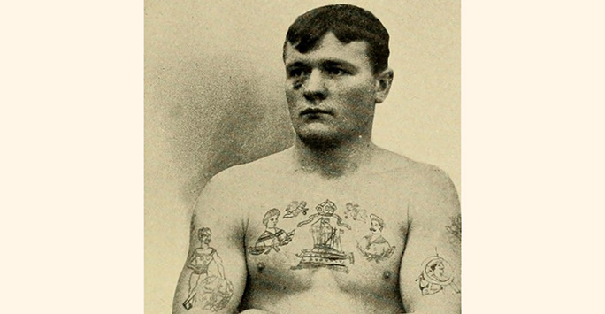 Image of 19th century convict with tattoos on chest and arms