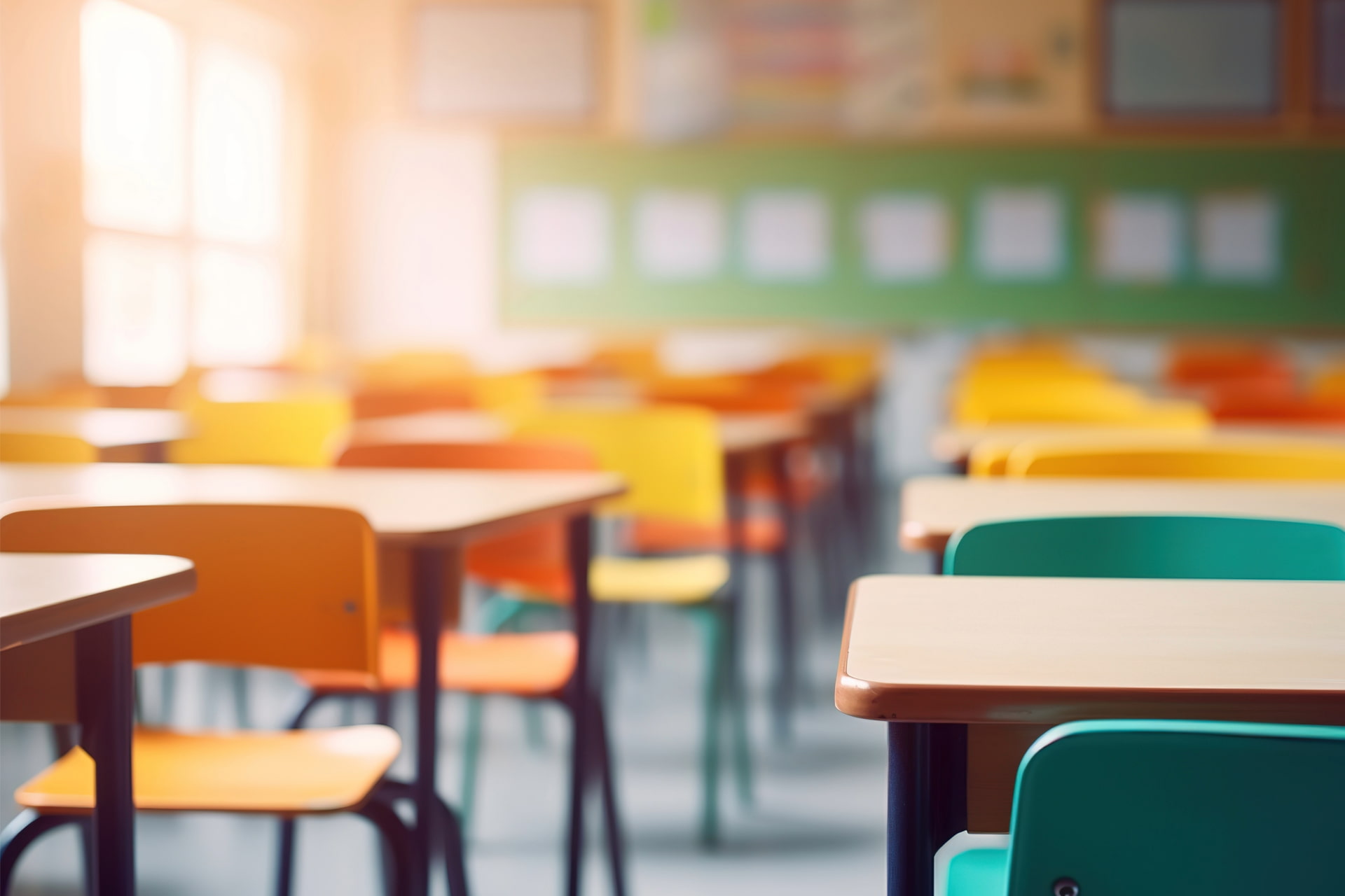 An empty classroom with rows of colourful chairs and desks.
