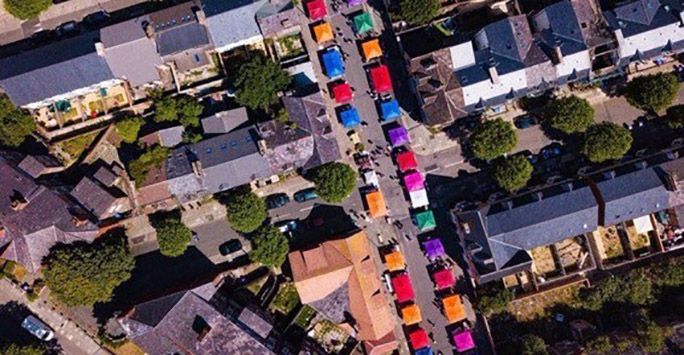 Drone image of the gazebo stalls on Granby Street
