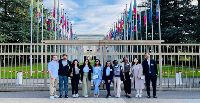 The group of LLM students in front of the United Nations Building in Geneva