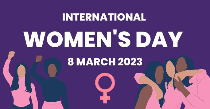 International Womens Day 2023 banner - purple graphic with pink silhouettes and white lettering