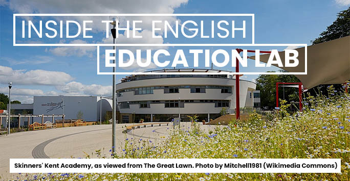 'Inside the Education Lab' white text over a photograph of Skinners' Kent Academy, as viewed from The Great Lawn. Photo by Mitchell1981 (Wikimedia Commons)