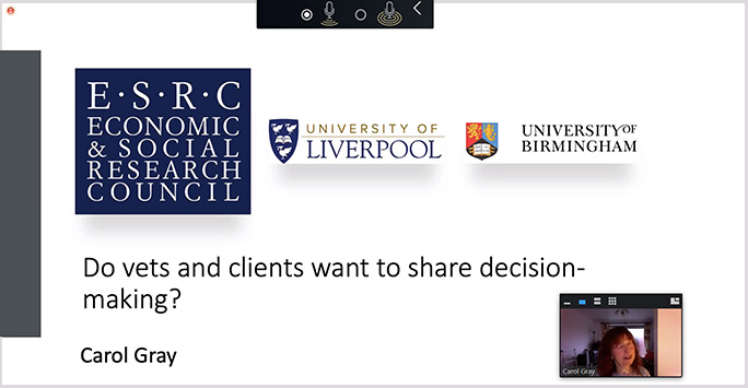 Carol Gray's workshop powerpoint slide asking 'Do vets and clients want to share decision-making?'