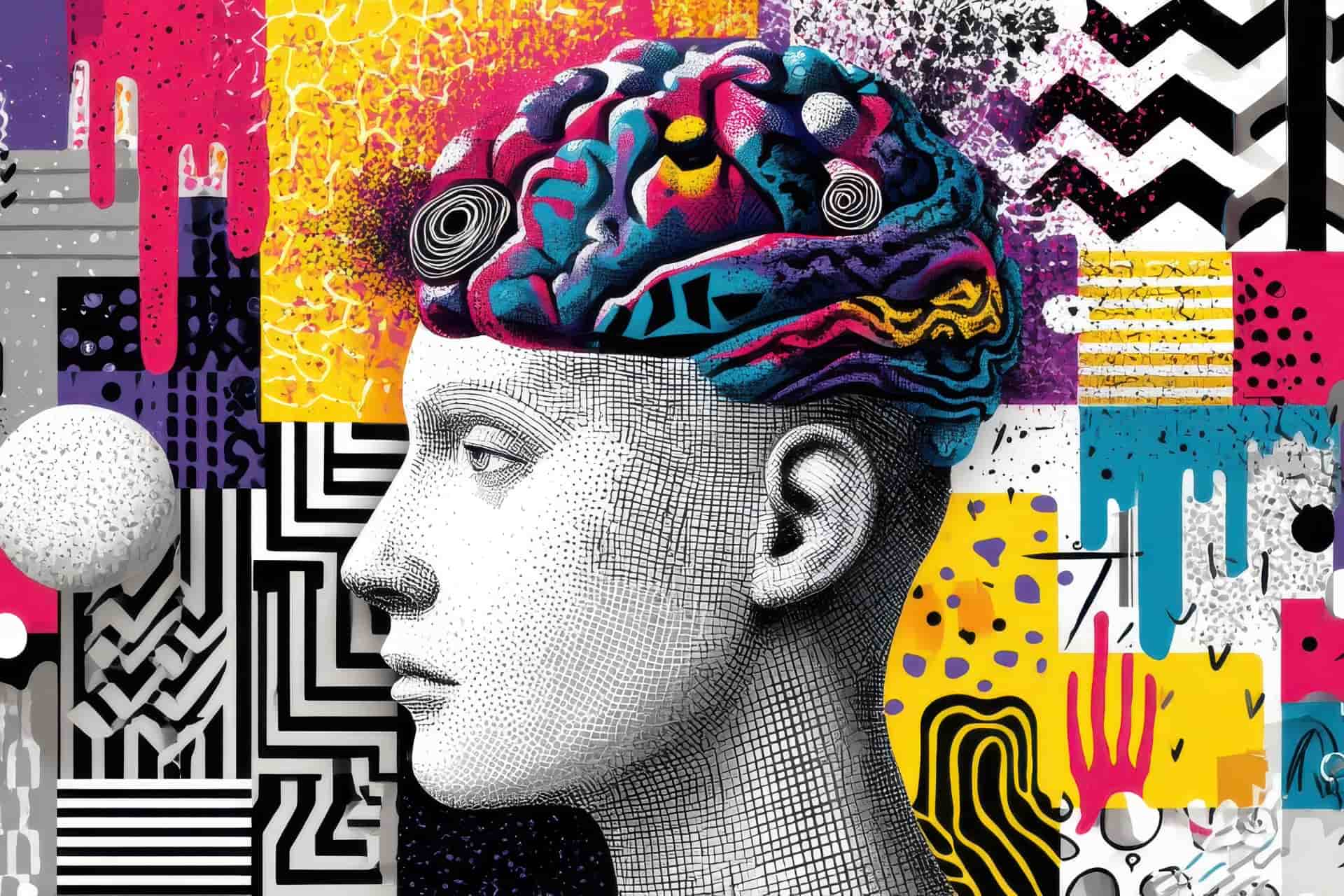 Abstract artwork featuring a stylized human head with a colorful brain surrounded by bold geometric patterns and paint textures.