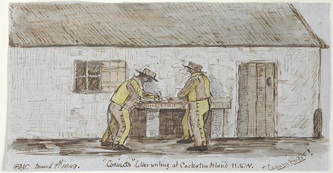 Illustration of convicts letter writing cockatoo