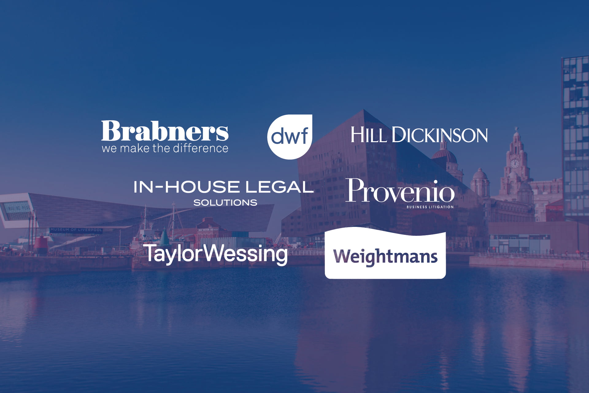 Promotional image for the Law with a Year in Industry programme featuring logos of legal firms and organizations including Brabners, DWF, Hill Dickinson, In-House Legal Solutions, Provenio Business Litigation, Taylor Wessing, and Weightmans. The background shows a waterfront cityscape with modern buildings.