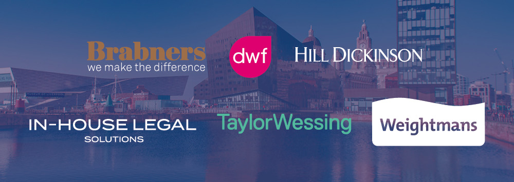 Liverpool skyline with 6 law firms overlaid: Brabners, DWF, Hill Dickinson, TaylorWessing, and Weightmans