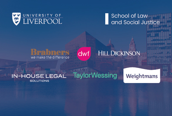 Law with a Year in Industry banner featuring Livewrpool's Pier Head behind a blue tint. Overlaid are logos for Brabners, DWF, Hill Dickinson, In-House Legal Solutions, Taylor Wessing, and Weightmans law firms