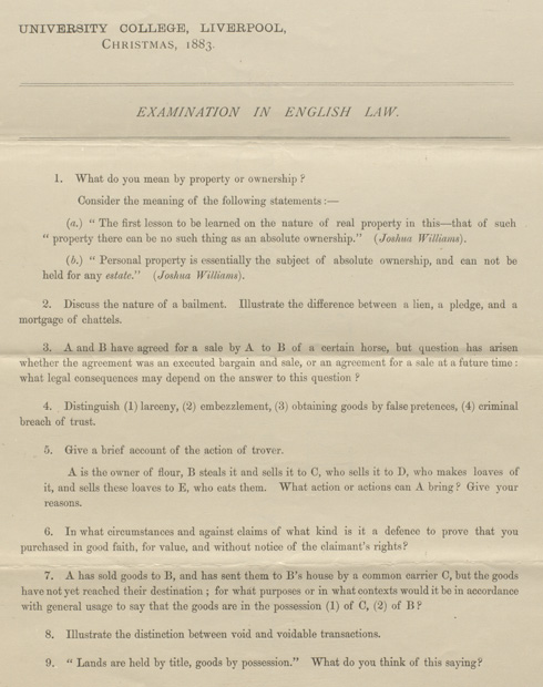 Exam Paper English Law, Christmas 1883