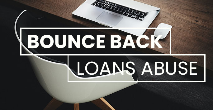 A white office chair at a wooden desk with a laptop and mouse on it. White overlaid text reads 'Bounce Back Loans Abuse'