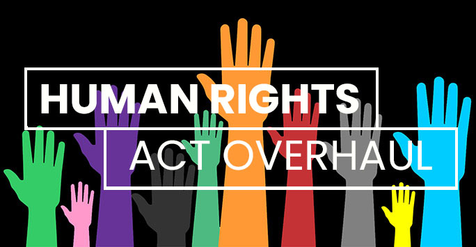 Cartoon upstretched hands of various colours on a black background. White text overlaid reads 'Human Rights Act Overhaul'