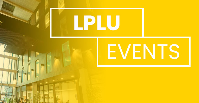 School of Law and Social Justice atrium with a yellow tint and white text that reads 'LPLU Events - Liverpool Public Law Unit'