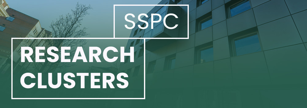A dark green background with text overlay which reads 'SSPC Research Clusters'
