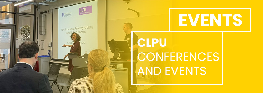 Prof Debra Morris presenting in the SLSJ Events Space. White text on a yellow tint reads 'EVENTS - CLPU Conferences and Events'