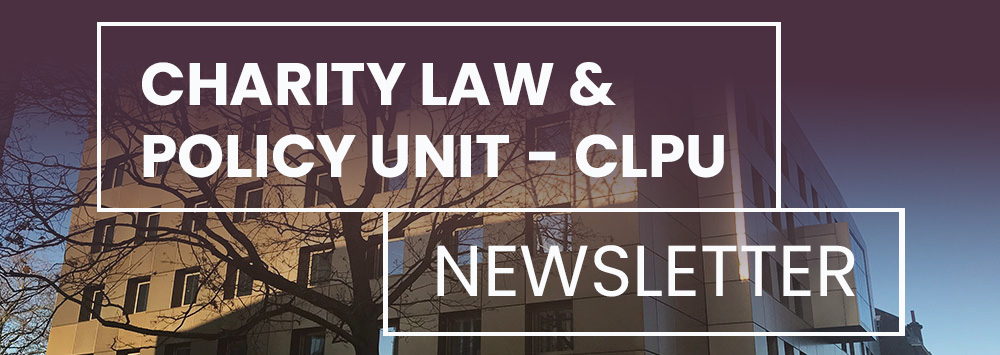 School of Law and Social Justice building with purple tint and white text that reads 'Charity Law & Policy Unit - CLPU Newsletter'