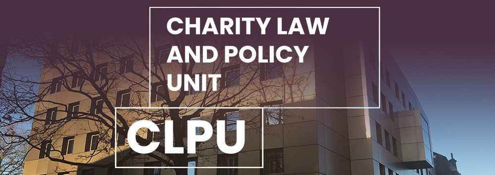 School of Law and Social Justice building with a burgundy tint. White text overlaid reads: 'Charity Law and Policy Unit - CLPU'