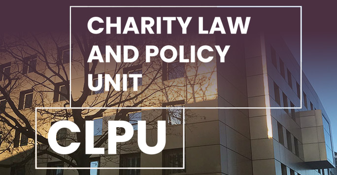 School of Law and Social Justice building with burgundy tint and white text overlaid that reads 'Charity Law & Policy Unit - CLPU'