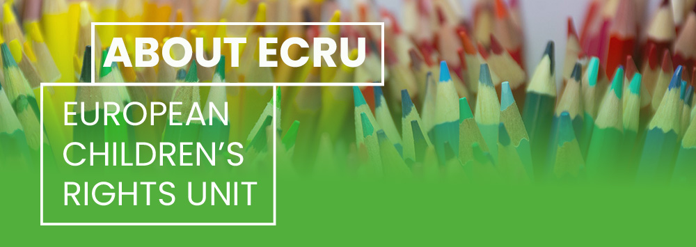 Coloured pencils plus white text on a blue background that reads 'About ECRU - European Children's Rights Unit'