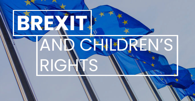 EU flags with white text overlaid that reads 'Brexit and Children's Rights'