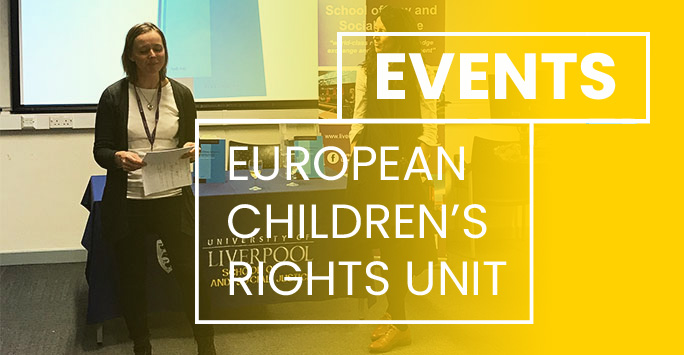 ECRU events module featuring three academics presenting. A yellow tint overlays the image and white text reads 'Events - European Children's Right Unit'