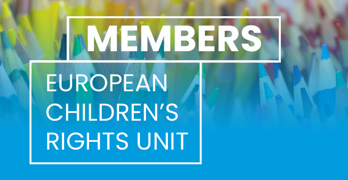 Coloured pencils plus white text on a blue background that reads 'Members - European Children's Rights Unit'
