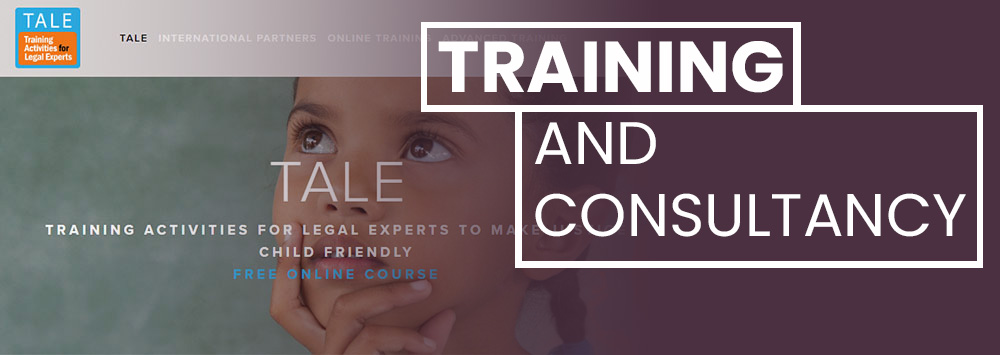 purple graphic with white text that reads 'Training and Consultancy' plus a young girl and 'Project Tale' logo