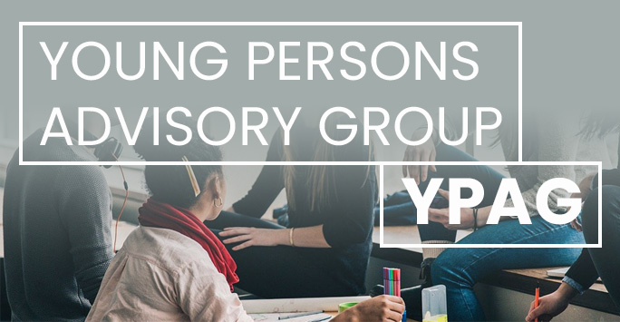 White text on a grey background reads 'Young Person's Advisory Group'. In the background, young people sit around a desk