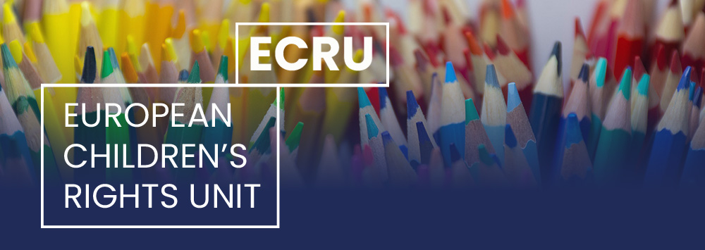 Coloured pencils plus white text on a blue background that reads 'ECRU - European Children's Rights Unit'