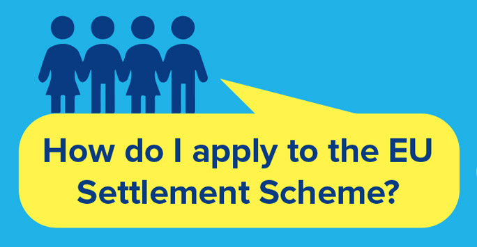 How do I apply to the EU Settlement Scheme graphic with blue children and a yellow speech bubble