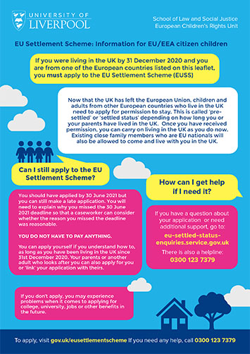 EU Settlement Scheme Post-Deadline leaflet with pink speech bubbles against a blue sky