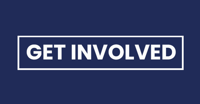 White text on a dark blue background reads 'Get involved'