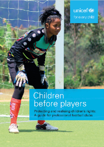 Report cover for UNICEF with image of child playing football.