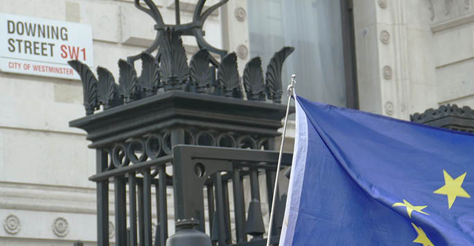 The Downing Street sign with the European flag