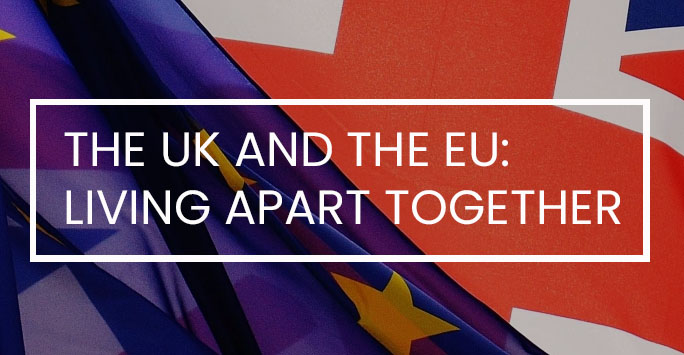 Union flag and EU flag. White text overlaid reads 'EU Law Living Apart Together'