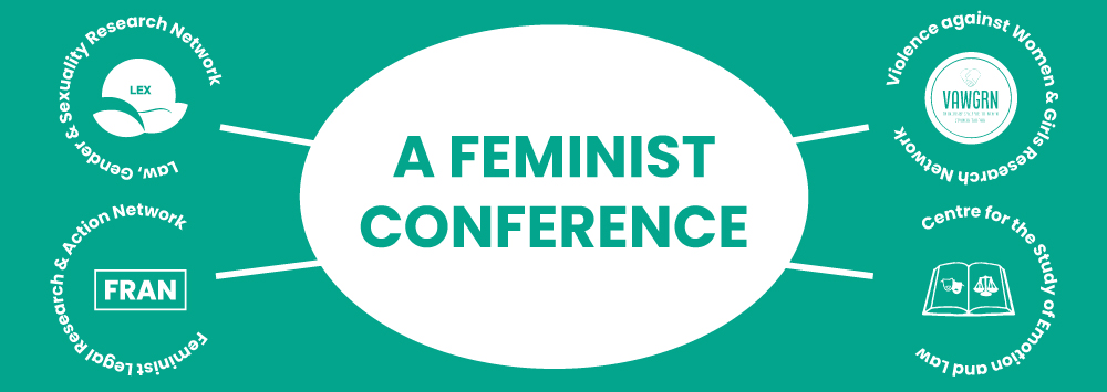 A teal green background with white text that reads 'A Feminist Conference'.