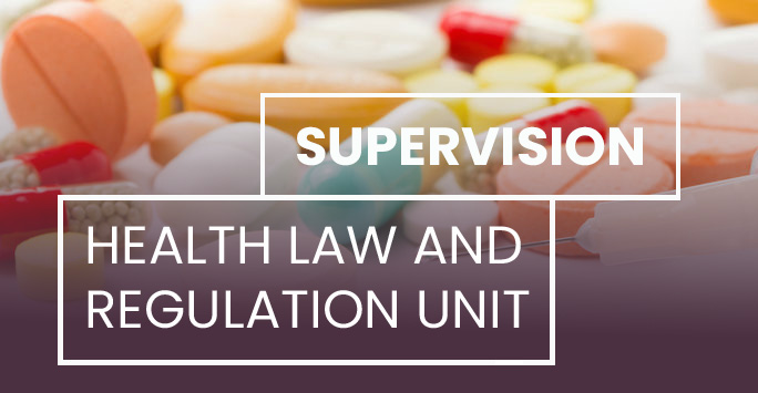 Pills and tablets behind a burguindy tint. White text overlaid reads 'HLRU Supervision - Health Law and Regulation Unit'