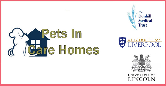 Pets in Care Homes logo featuring an illustration of a dog and a cat