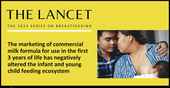 A yellow background with text reading 'The Lancet - the 2023 series on breastfeeding'