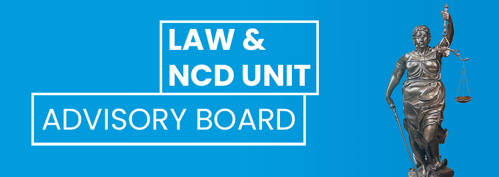 Scales of justice against a blue background. White text reads 'Law & NCD Advisory Board'