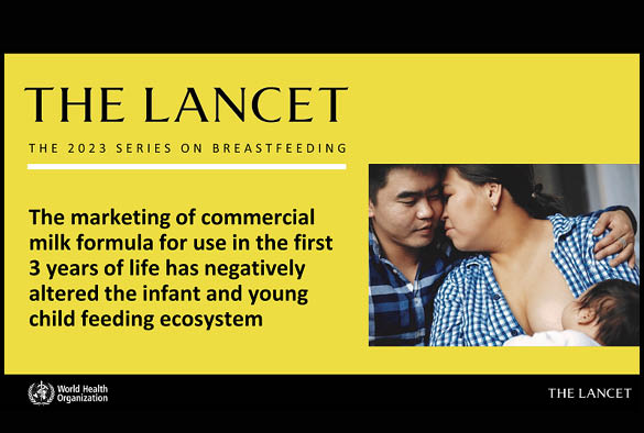 The Lancet Series Launch 2023 with image of a man and woman with the woman breastfeeding