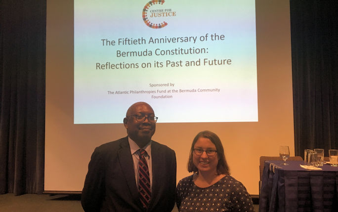Professor Nicola Barker with Bermuda’s Chief Justice the Hon Dr Ian Kawaley, who graduated from the University of Liverpool in 1977. Both were speaking at a conference commemorating the 50th anniversary of the Bermuda Constitution and considering possible reform.
