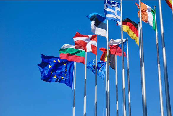 A collective of European Flags on a bright blue sky