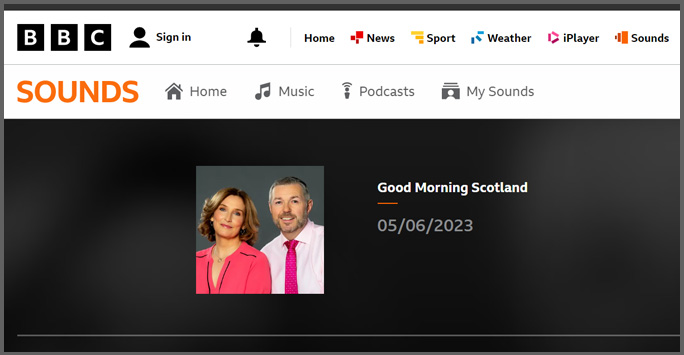 BBC iPlayer screenshot advertising Good Morning Scotland with a female and male presenter in a square box on a black background