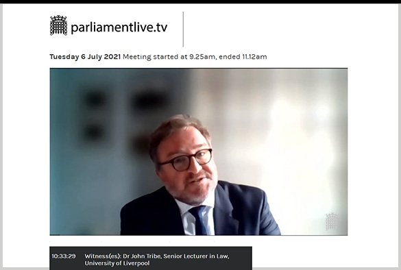 Dr John Tribe appearing as a witness in parliament (via video call) on 6 July 2021